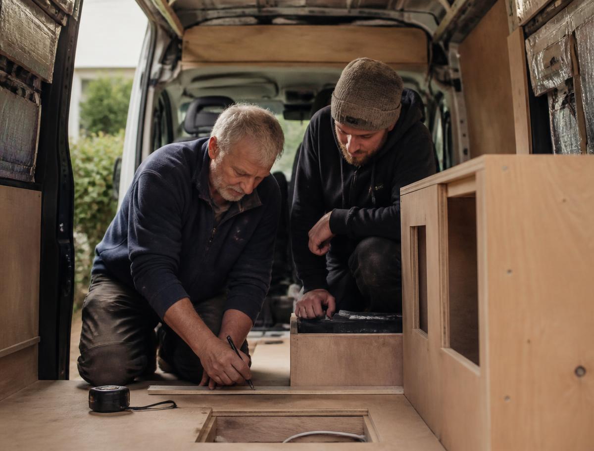 A father and son working together inside a half-finished campervan conversion